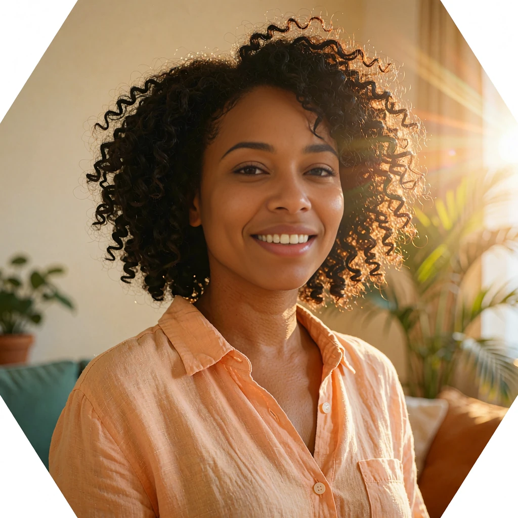Woman with natural curls in a peach linen shirt smiling at home, showing the warm connection behind online dating