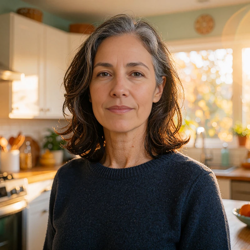 Woman in her forties with silver-streaked hair in a navy sweater, a sample profile for mature singles dating