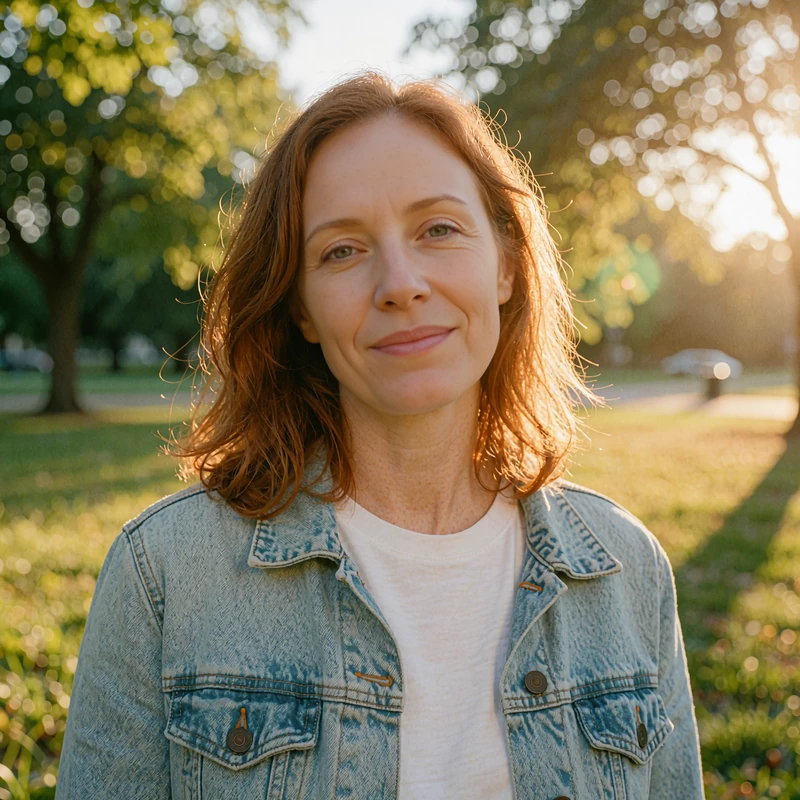 Woman with auburn hair in a denim jacket smiling in a sunny park, a sample dating profile for dog lovers