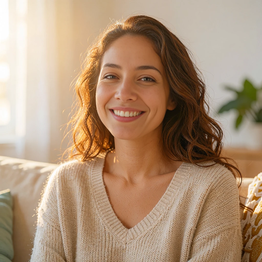 Smiling woman with wavy brown hair in a cozy knit sweater, an example of the singles you could meet on Allsweety