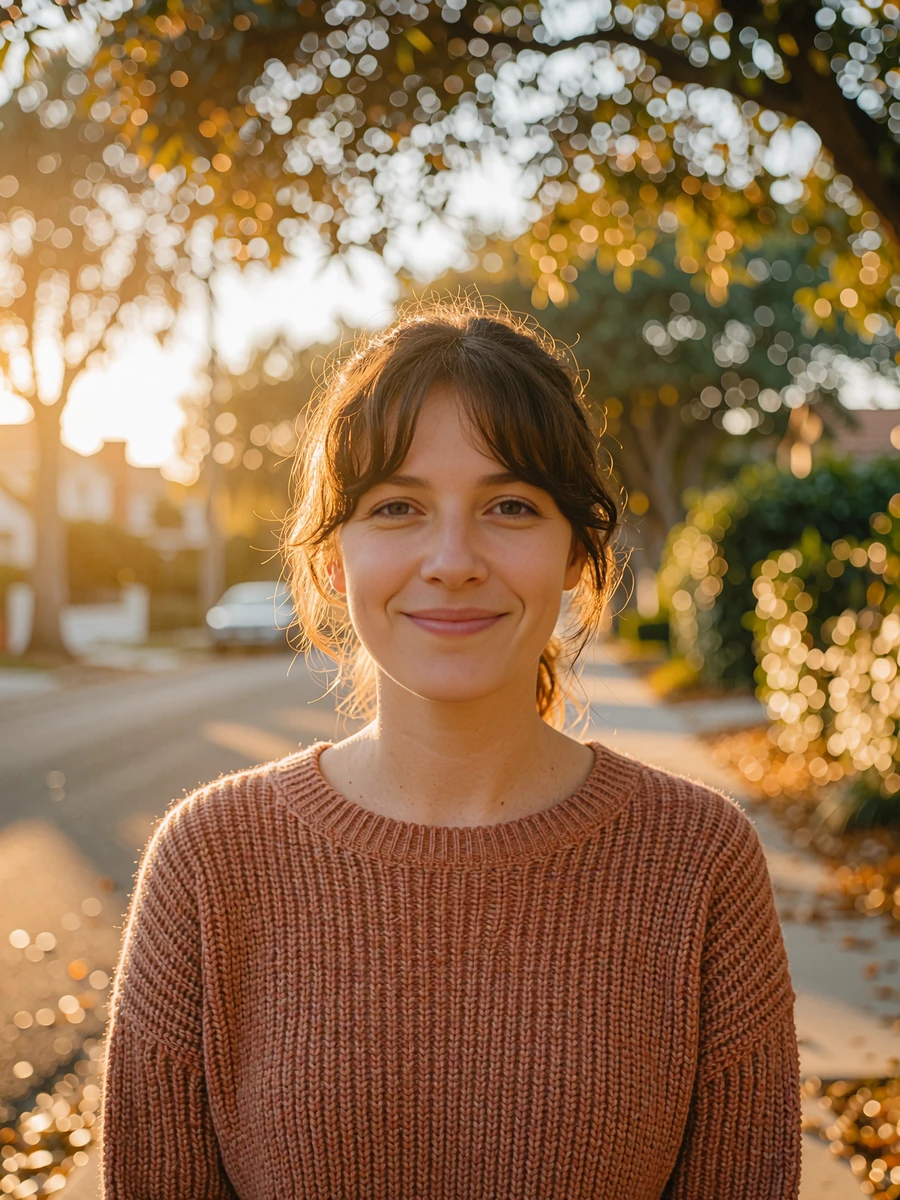 Woman with brunette curtain bangs in a rust knit sweater on a tree-lined street, shown on a sample dating profile card