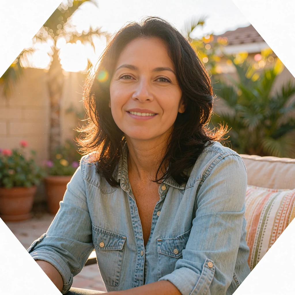 Latina woman in a light blue chambray shirt smiling on a sunny patio, a friendly face for starting online dating