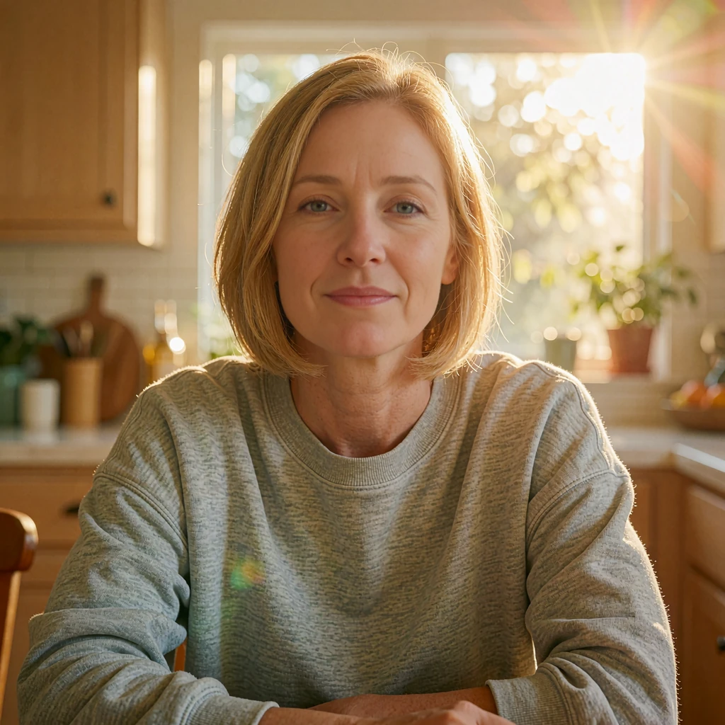 Smiling woman in her forties with a honey-blonde bob and gray sweatshirt, an example of singles you could meet on Allsweety