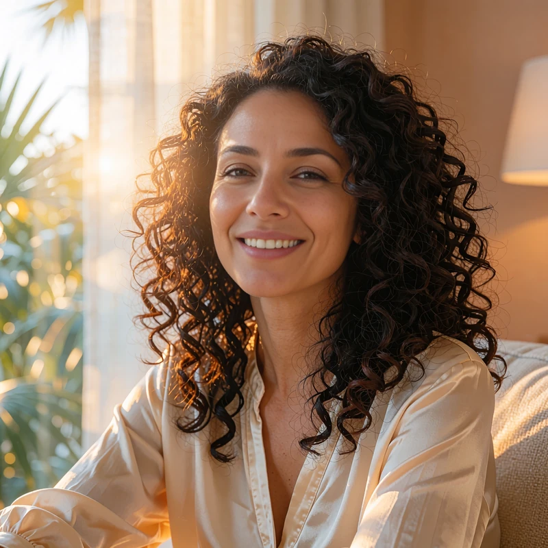 Middle Eastern woman with thick curly hair in a cream blouse smiling by a sunny window, a sample match screen portrait