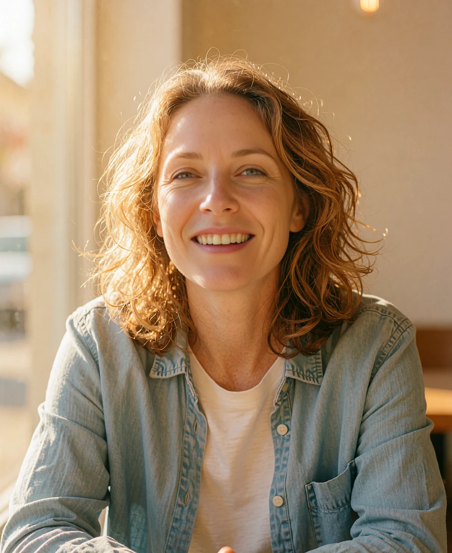 Smiling woman in a chambray shirt laughing at a sunlit café table, a friendly face behind common Allsweety questions