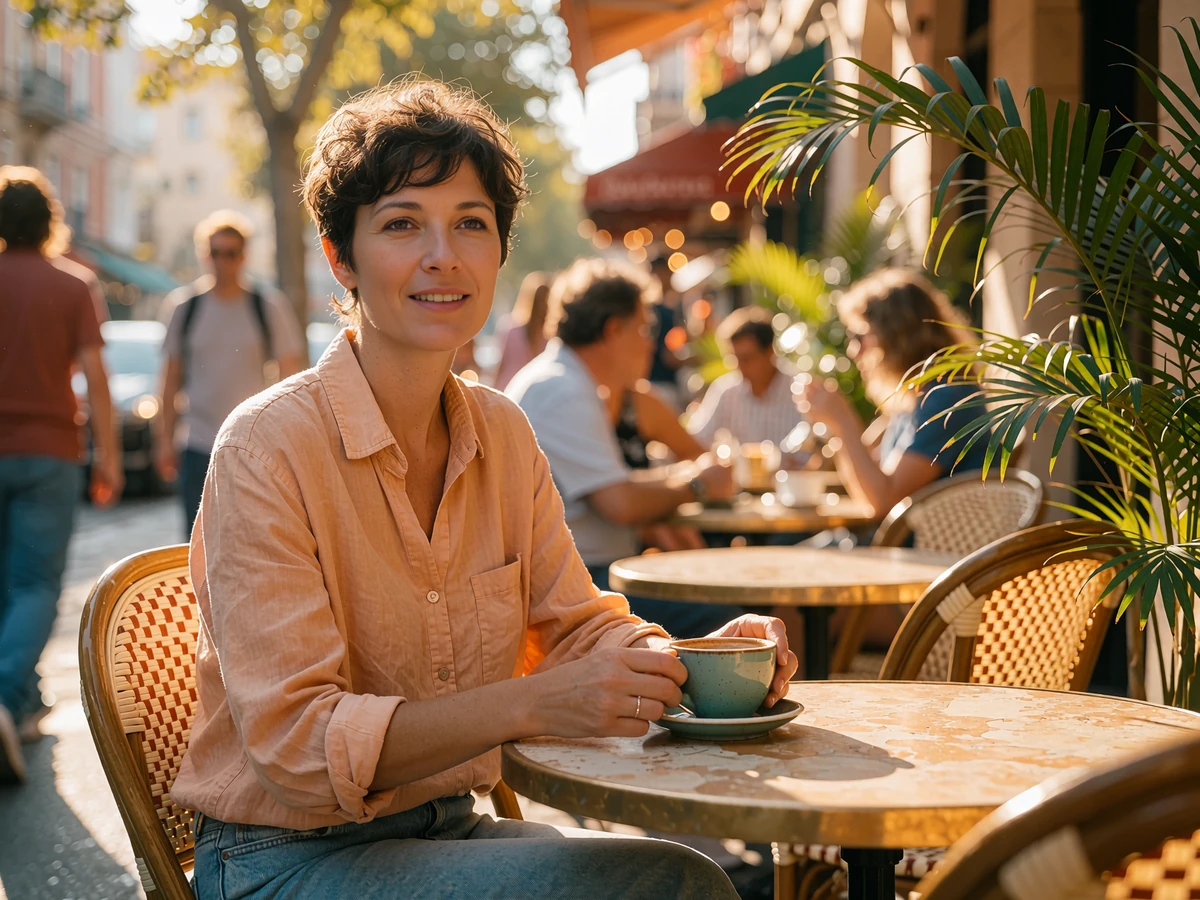 Woman with a pixie cut in an olive linen shirt holding a coffee at a busy outdoor café, a safe first date setting