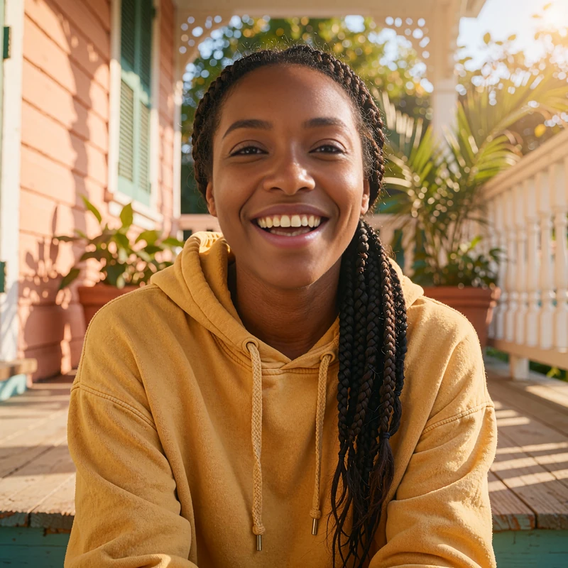 Woman with long braids in a mustard hoodie laughing on a porch, a sample profile with relaxed weekend vibes