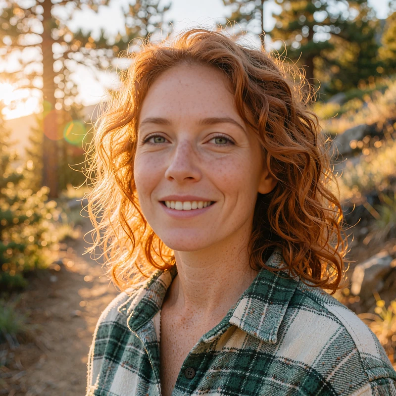 Freckled redhead in a flannel shirt on a wooded trail, a sample dating profile for singles who love hiking