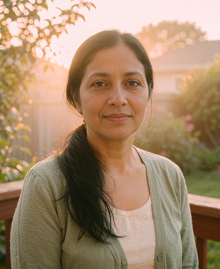 Calm South Asian woman in a sage cardigan on a backyard porch, representing the genuine singles you can meet on Allsweety