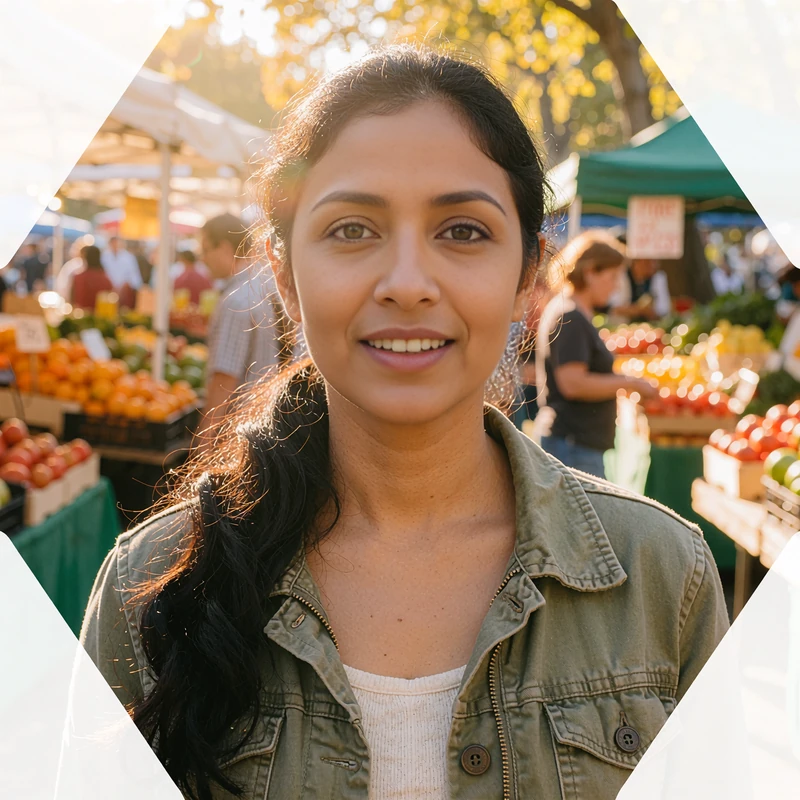 Woman in an olive jacket at a farmers market, a sample profile for singles who enjoy travel and weekend outings