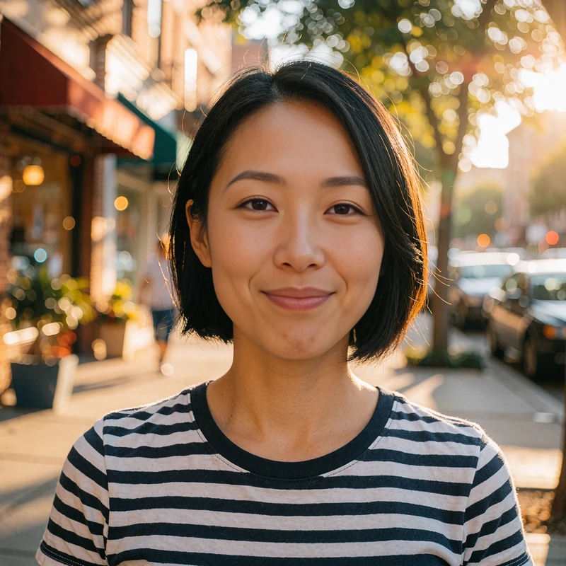 Woman with a black bob in a striped tee on a city sidewalk, a sample profile for meeting local singles