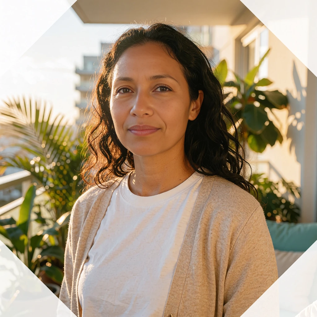 Smiling Pacific Islander woman in a sand cardigan on a sunny balcony, a calm example of safe online dating