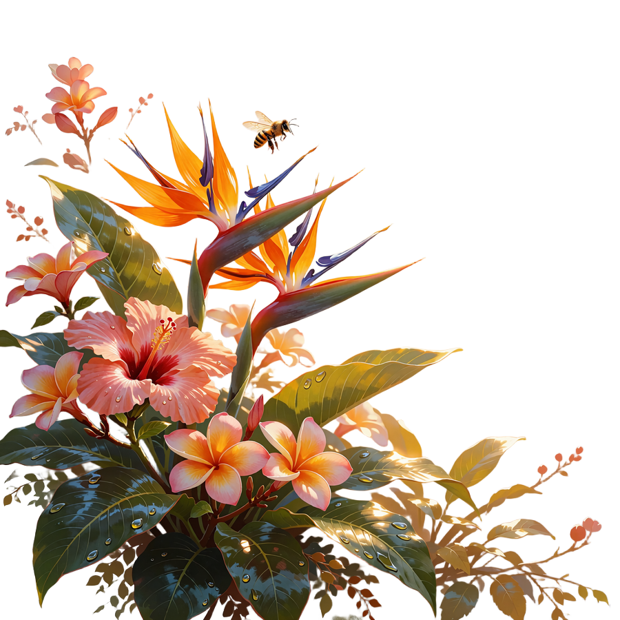 Tropical bird-of-paradise and hibiscus flowers with a honeybee, oasis artwork beside the Allsweety safety answers