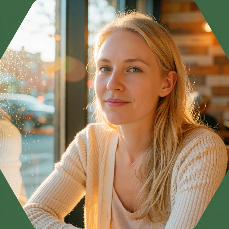 Blonde woman in a cream cardigan by a café window, a sample profile for dinner and coffee dates nearby